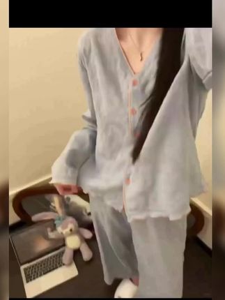 韩版温柔甜美简约高级感纯色睡衣女春秋新款长裤家居服套装可外穿