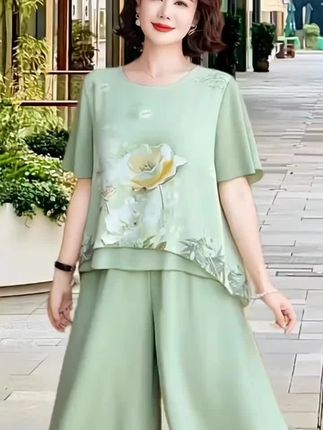 妈妈夏装套装#大码短袖上衣#夏季时尚雪纺t恤衫两件套#面料舒适透气 #夏季穿搭