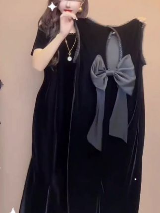 休闲时尚气质轻奢连衣裙女夏季新款露背蝴蝶结#宽松显瘦开叉长裙子