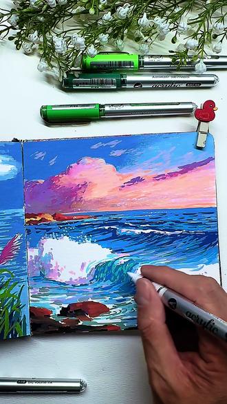 马克笔画一幅大海和云彩 #抖音年味艺术图鉴 #2026绘画开年挑战 #马克笔手绘 #绘画教程 #零基础学画画 @抖加🔥上热门🔥dou+🔥热点宝 @抖加上热门 @抖音艺术 马克笔画一幅治愈系大海美景,喜欢画画的朋友一起画起来呀