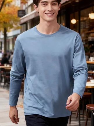 爆款100%纯棉春秋新款男士圆领长袖T恤男款纯色打底衫T恤