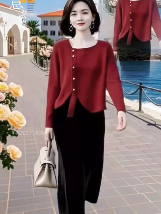 温柔套装裙2025春秋新款气质女神范毛 衣搭配丝绒半身裙甜美两件套#高端大气上档次
