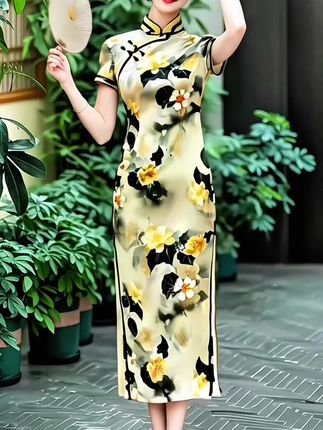夏季新款高级气质显瘦国风印花长款旗袍!#国风古韵 #旗袍美人 @巨量千川 @DOU+小助手
