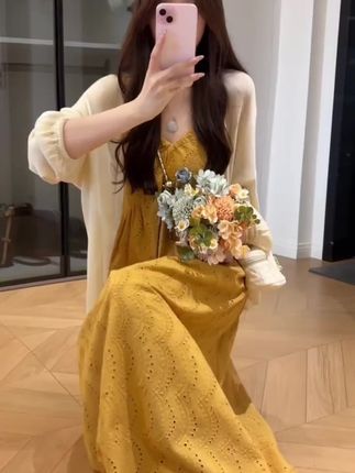 大码女装夏装长款开衫韩版宽松遮肉显瘦设计感吊带连衣裙夏裙#连衣裙#仙气十足