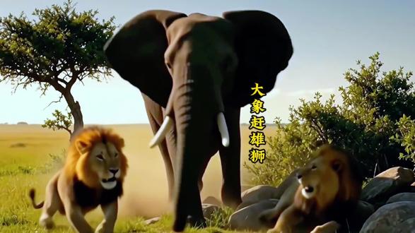 大象赶走休息的雄狮,果然够强势的呀 #动物世界