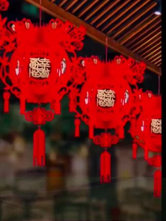 大红灯笼结婚灯笼植绒宫灯批发新款喜庆装饰婚房室内客厅装饰花球#结婚用品 #结婚装饰#大灯绒
