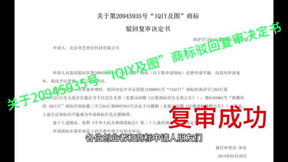 关于20945935号“IQIY及图”商标驳回复审决定书#驳回复审#驳回通知书#商标驳回