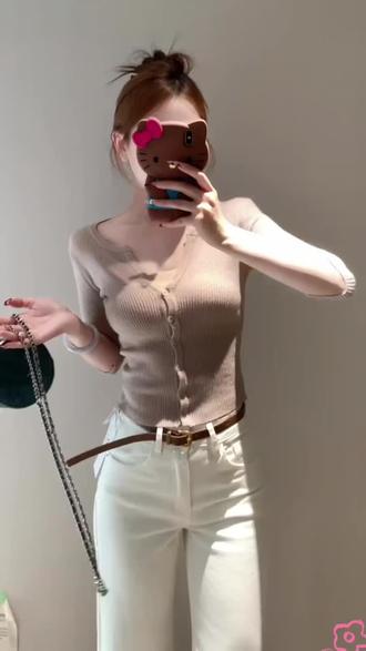 韩系V领针织打底衫女春季2026新款修身开衫毛衣粉色半袖中袖