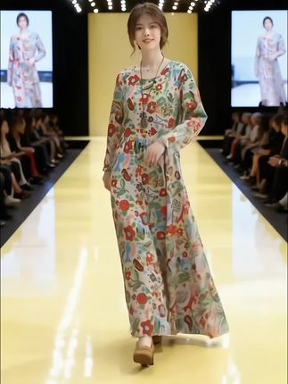大码女装早秋棉麻长袖印花连衣裙#优雅气质 #女性穿搭 #穿衣搭配 #印花连衣裙 #长裙