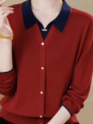 妈妈秋冬装上衣t恤翻领洋气小衫中老年时尚女装假两件打底针织衫#妈妈装#针织衫#洋气小衫#假两件小衫#好物分享