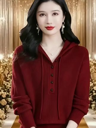 连帽毛衣女春秋2025新款宽松时尚休闲红色带帽卫衣针织打底衫上衣 #气质女神穿搭#高级感穿搭 #职场女性 #女神穿搭 #时尚洋气@抖加🔥上热门🔥dou+🔥热点宝