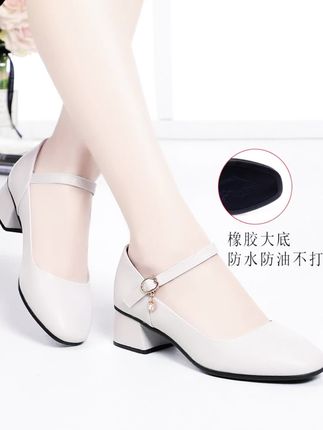 空姐久站工作鞋女黑色一字扣中跟真皮皮鞋上班不累脚方头女鞋单鞋#只做高品质 #便宜又好穿 #时尚高跟鞋 #软底软面超好穿