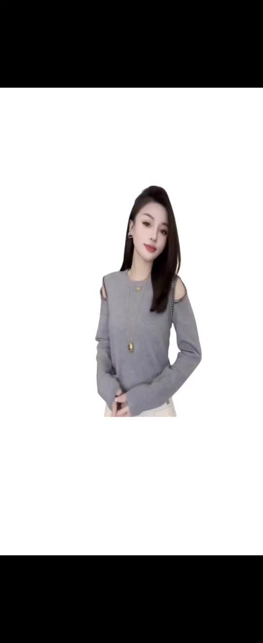 法式轻奢高级感露肩长袖针织T恤女春秋季新款圆领洋气百搭上衣@DOU+小助手