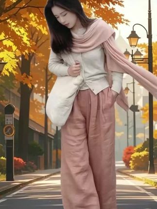 浅杏针织开衫叠搭同色系内搭,温柔得像秋日清晨的雾。藕粉色阔腿裤垂坠感拉满,行走间自带慵懒气场,再披上一条同色系披肩,风一吹,就成了漫画里走出来的女主。米白腋下包一挎,在满是金黄落叶的街道上漫步,每一步都是松弛感的具象化,这大概就是秋天该有的穿衣浪漫~