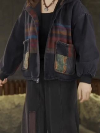 秋冬新款加绒加厚时尚,复古连帽棉衣棉服拼色韩版牛仔外套