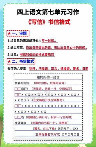 四年级上册语文,第七单元习作《写信》优秀范文,书信格式,书信的六要素,家长收藏给孩子读一读#作文素材 #同步作文 #写作素材 #小学作文 #作文范文