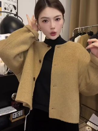毛呢外套小香风秋冬圆领宽松大衣双面短款女装西装