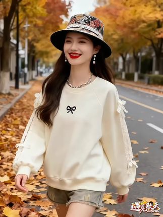 韩版宽松蕾丝花边蝴蝶结卫衣,超显瘦温柔时尚气质百搭#时尚休闲穿搭 #韩版宽松蕾丝花边蝴蝶结卫衣 #时尚潮流 #套头圆领宽松卫衣#秋季薄款卫衣推荐