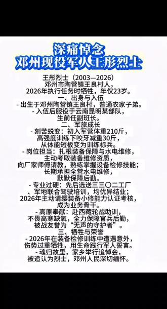 深痛悼念王彤烈士(2003—2026)
邓州市陶营镇王良村人,2026年执行任务时牺牲,年仅23岁。
一、出身与入伍
- 出生于邓州陶营镇王良村,普通农家子弟。
- 入伍后服役于云南昆明某部队,生前任副班长。
二、军旅成长
- 刻苦蜕变:初入军营体重210斤,高强度训练下咬牙减重30斤,从体能短板变为训练标兵。
- 岗位担当:扎根装备保障与水电维修,主动考取装备维修资质,向厂家师傅请教,熟练掌握设备检修技能;长期承担全营水电维修,默默保障后勤。
- 专业过硬:先后选送三三〇二工厂、军地联合驾驶培训,均优异结业;2026年主动请缨装备小修能力认证考核,成为业务骨干。
- 高原奉献:赴西藏轮战助训,不畏高寒缺氧,全力保障官兵后勤,被战友誉为“无声的守护者”。
三、牺牲与荣誉
- 2026年在装备检修训练中遭遇意外,伤势过重牺牲,用生命践行军人誓言。
- 魂归故里,家乡举行追悼会,被追认为烈士,邓州人民深切缅怀。