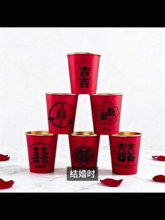 结婚一次性纸杯子金箔加厚婚礼喜杯婚宴水杯家用红色婚庆敬茶杯