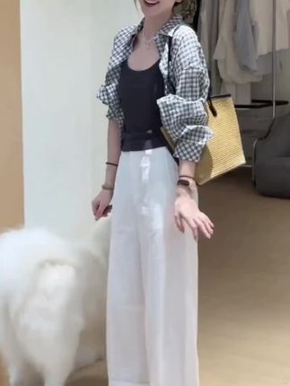 小个子穿搭一整套女夏季爆款宽松百搭遮肉格子衬衫休闲裤两件套装