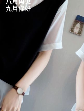 2025夏季韩版大码女装胖mm拼接假两件正肩短袖T恤飘带上衣64531#张予曦毕雯珺真拍了红裙抱 #深情眼 #张予曦 #毕雯珺 #高级感穿搭