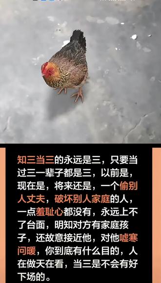 #上热门 能知三当三的是个什么样的女人,首先肯定是没家教没教养,不知礼义廉耻的人。一个插足别人感情,破坏别人婚姻的女人,明知对方有有家庭,还非不要脸的往里凑,把自己包装成一个为爱疯狂,无发自控的痴情人不过是以爱情为由来遮掩她那颗肮脏不堪的心。我一直坚信苍天会有眼,善恶终有报,人在做,天在看#写给知三当三者