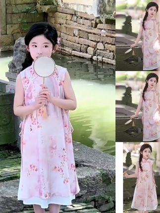 女童汉服连衣裙国风旗袍裙子新中式奥黛夏款碎花公主裙女孩演出服