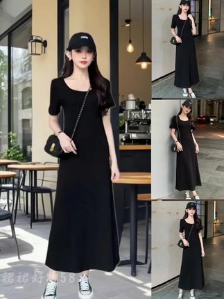 温婉大方衣服时尚宽松休闲慵懒风显瘦长款a字小黑裙外出洋气裙子#百搭连衣裙 #小黑裙 #洋气连衣裙