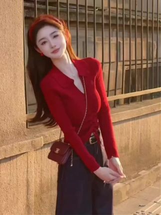法式红色Polo领翻领长袖针织衫女秋季v领紧身修身毛衣打底衫上衣#新款上新 #修身显瘦 #针织毛衣 #女生毛衣