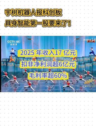 宇树报科创板IPO,具身智能第一股要来了,2025年收入17亿,扣非净利润超6亿~#每天跟我涨知识 #宇树科技 #人形机器人 #创作者中心 #创作灵感