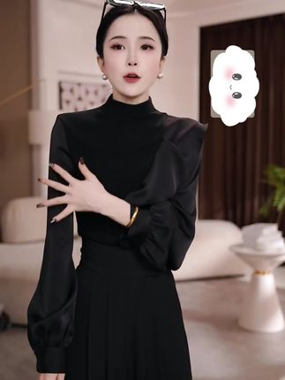 2025春季新款半高领长袖女修身上衣+新款高腰百搭拖地裤女BB50348#百搭长袖 #修身长袖 #休闲裤 #百搭裤子 #套装