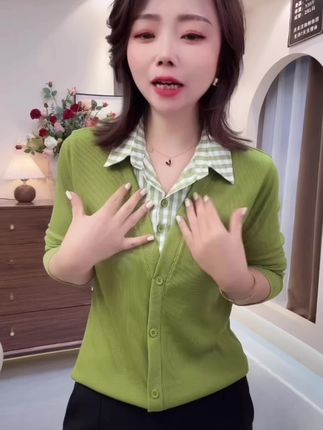 春秋新款拼接假两件格子领衬衣长袖显瘦减龄遮肉百搭温婉大方衣服