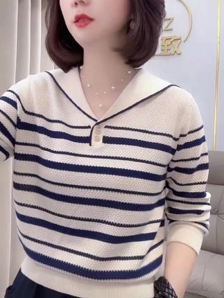 【80-160斤】海军领翻领条纹套头针织衫2025秋冬打底长袖上衣女318