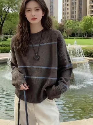 #森系少女感穿搭 #慵懒风穿搭 #时尚休闲穿搭 #条纹拼接针织衫 #韩系穿搭