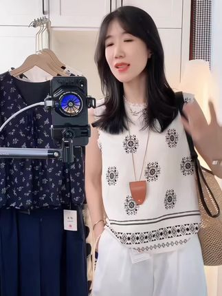欧版宽松显瘦无袖薄款雪纺背心女夏季款高级感重工印花蕾丝边小衫