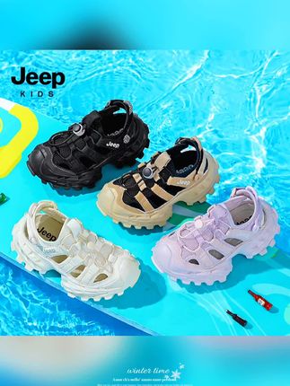 #jeep男童凉鞋夏季网面新款包头运动凉鞋黑色女童沙滩鞋儿童鞋子