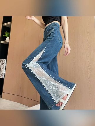 8089高腰弹力莱赛尔天丝蕾丝边设计阔腿喇叭裤显气质#女裤穿搭