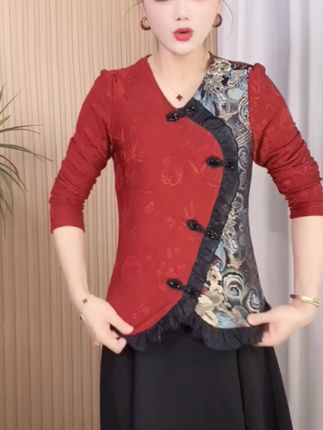 复古新中式国风设计感秋冬新款加绒保暖一体绒弹力打底衫#气质优雅 #每日搭配 #洋气小衫 #加绒保暖 #内搭外穿都好看