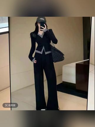秋季休闲时尚假两件设计显瘦上衣+高腰显瘦阔腿裤两件套套装#女套装穿搭