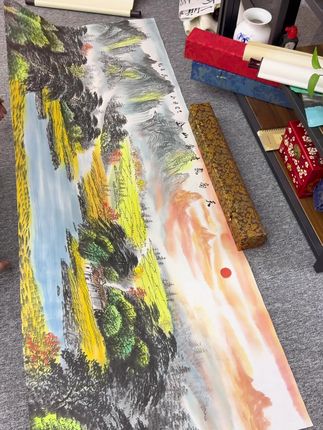 纯手绘《天高气爽万山金》国画山水#山水画 #手工画 #文玩探宝 #翻翻我家的文玩好东西 #挂画