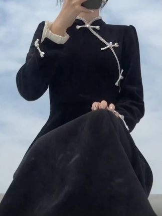 #复古盘扣连衣裙大码#黑色连衣裙#大码新中式国风旗袍裙