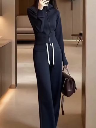 拉夏贝尔欧货潮流休闲时尚套装女秋季简约收腰修身连帽卫衣阔腿裤