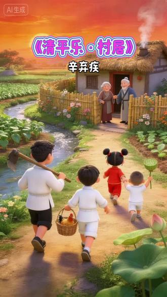 每天一分钟轻松学古诗《清平乐·村居》辛弃疾,茅檐低小,溪上青青草。醉里吴音相媚好,白发谁家翁媪?大儿锄豆溪东,中儿正织鸡笼。最喜小儿亡赖,溪头卧剥莲蓬#涨知识啦 #幼儿启蒙 #动画片儿童视频3-6岁 #古诗词的魅力 #古诗词朗诵