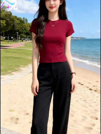 辣妹正肩酒红色短袖t恤女夏季针织修身显瘦纯色短款上衣#潮流时尚穿搭 #气质女神范儿 #时尚穿搭分享