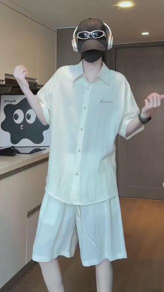 夏季天丝亚麻透气短袖衬衫男老钱风时尚百搭宽松大码短裤休闲套装#男士套装 #休闲穿搭 #ootd穿搭 #亚麻套装 #老钱风穿搭