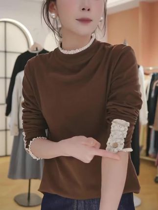 德绒花边领打底秋冬新款宽松显瘦女洋气百搭针织衫