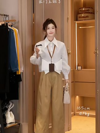 清纯甜美秋季两件套装女2025年法式不规则衬衫时尚百搭休闲裤#时尚穿搭