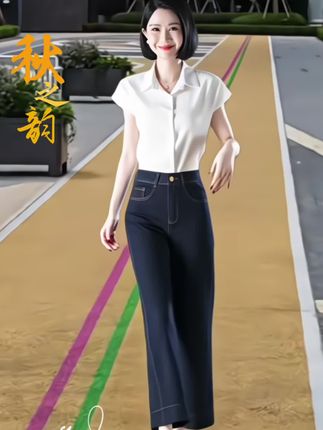 丹宁蓝阔腿牛仔裤女春秋新款高腰显瘦小个子九分裤宽松大码直筒裤。#面料柔软舒适 #时尚穿搭 #宽松显瘦#休闲减龄穿搭 。