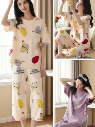 睡衣女夏季短袖七分裤夏天宽松大码套头可外穿家居服休闲女套头#面料舒适透气 #舒适家居服 #轻松get夏日淡人穿搭 #睡衣家居服 #在家也要美美哒